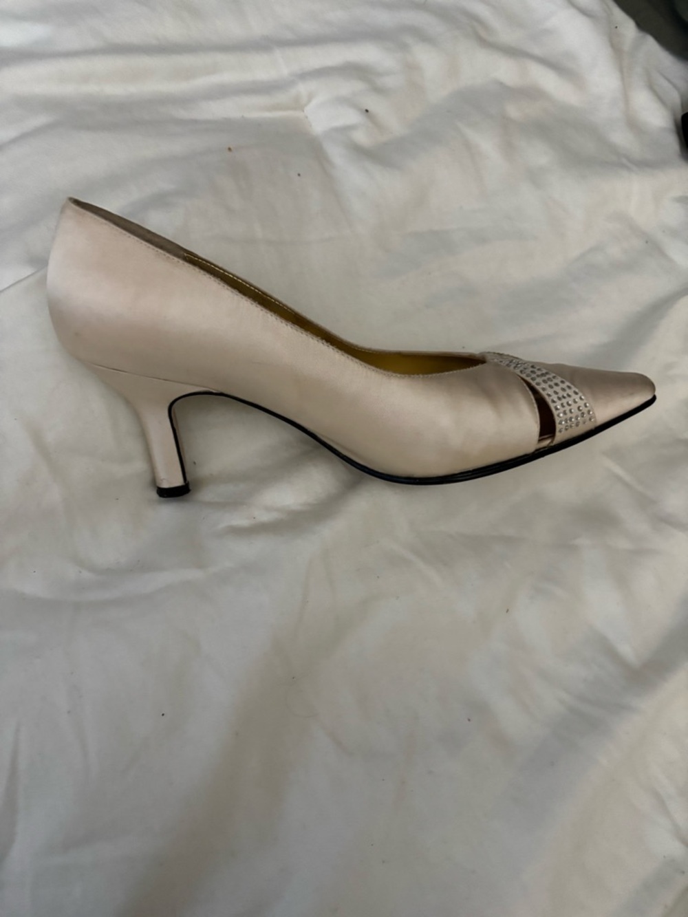 Champagne Satin Pointed Toe Kitten Heel Pumps with Crystal Accent